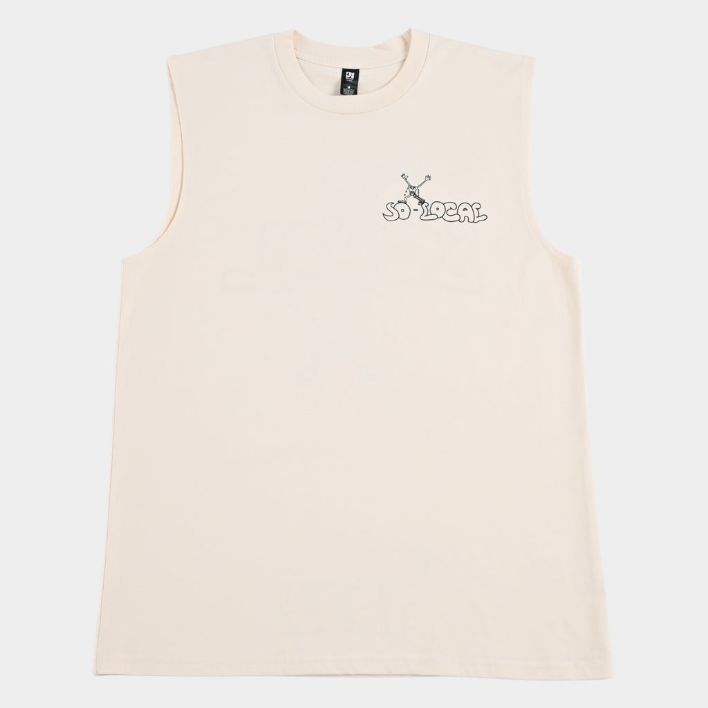 Front flatlay of SO LOCAC / TANK TEE heavy faded t-shirt in butter, surf and skate streetwear, Gold Coast Australia  