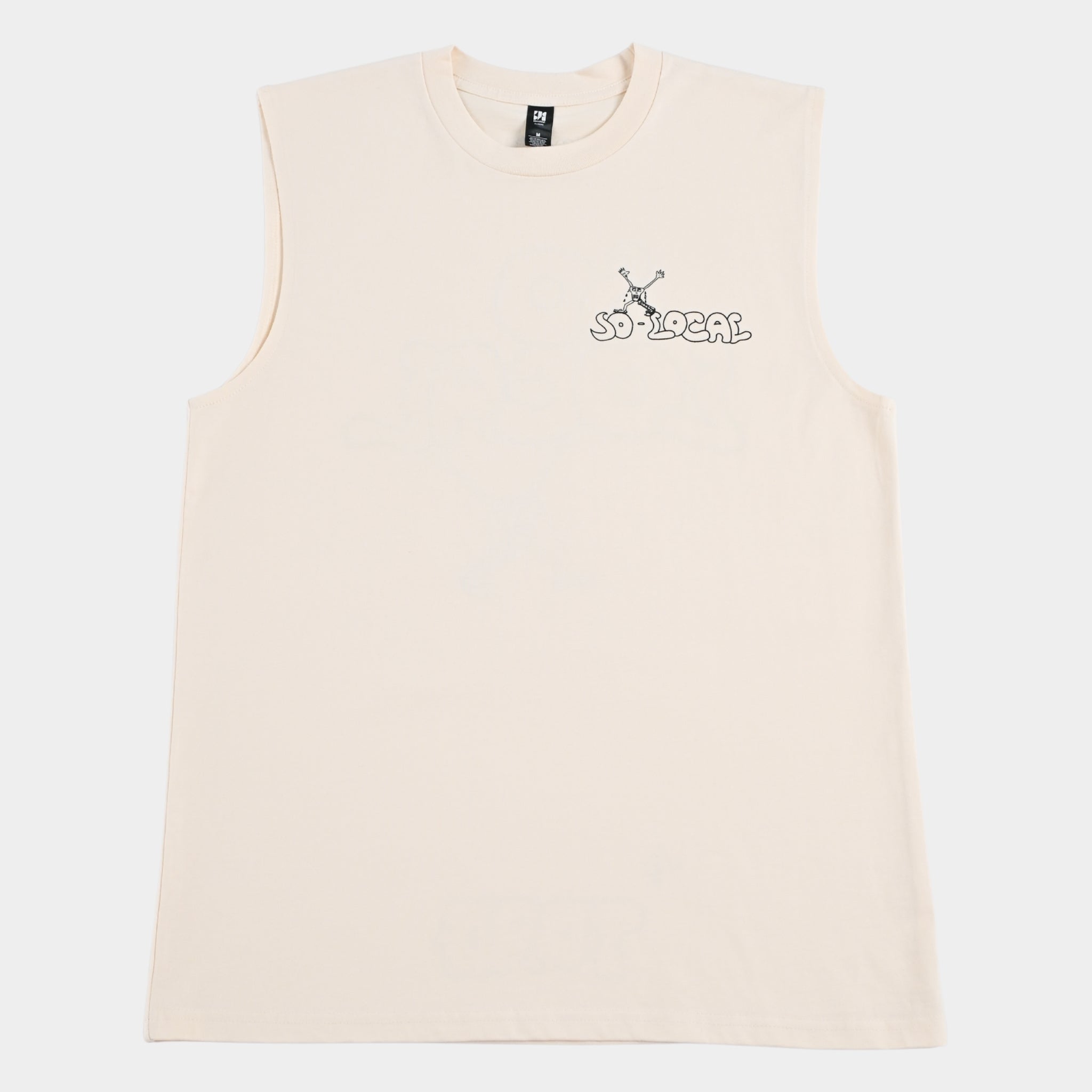 Front flatlay of SO LOCAC / TANK TEE heavy faded t-shirt in butter, surf and skate streetwear, Gold Coast Australia  