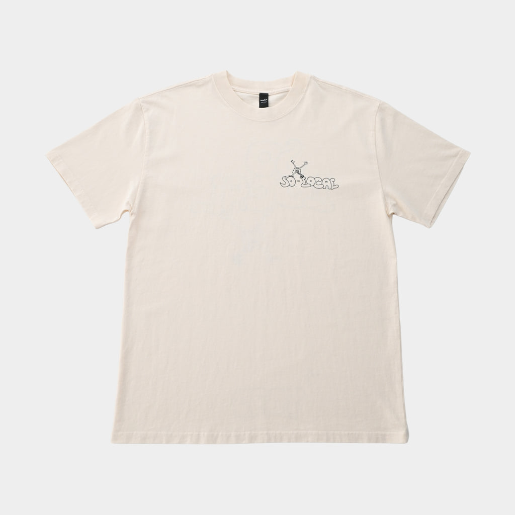 Front flatlay SO LOCAL heavy faded t-shirt in butter, surf and skate streetwear, Gold Coast Australia  