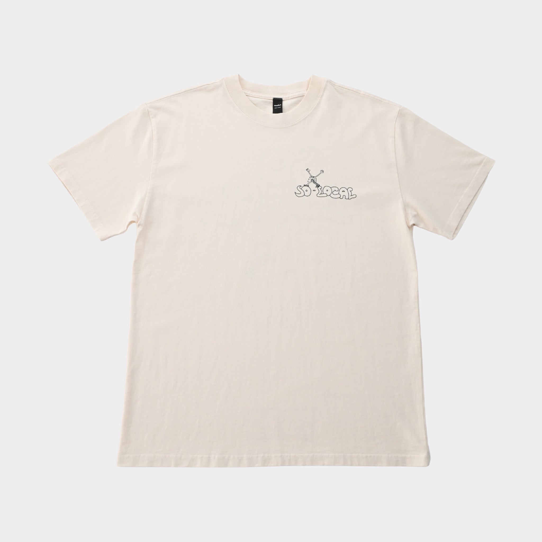 Front flatlay SO LOCAL heavy faded t-shirt in butter, surf and skate streetwear, Gold Coast Australia  