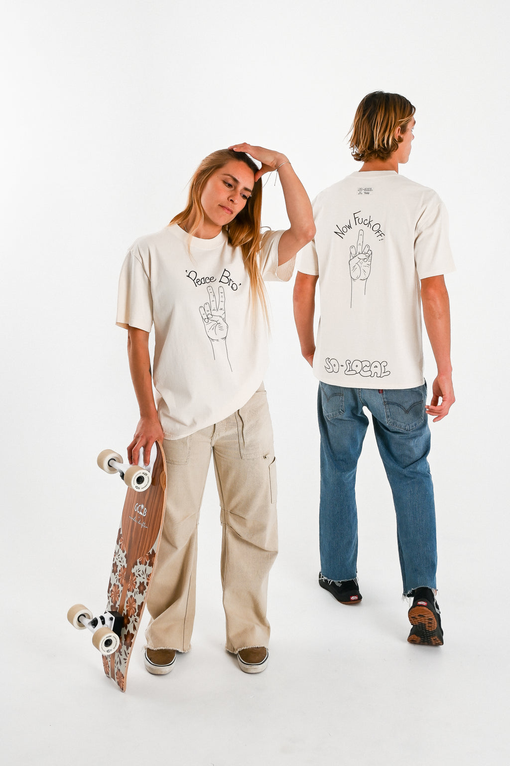 Male and female models wearing PEACE BRO heavy faded t-shirt in butter, surf and skate streetwear, studio shot, Gold Coast Australia 