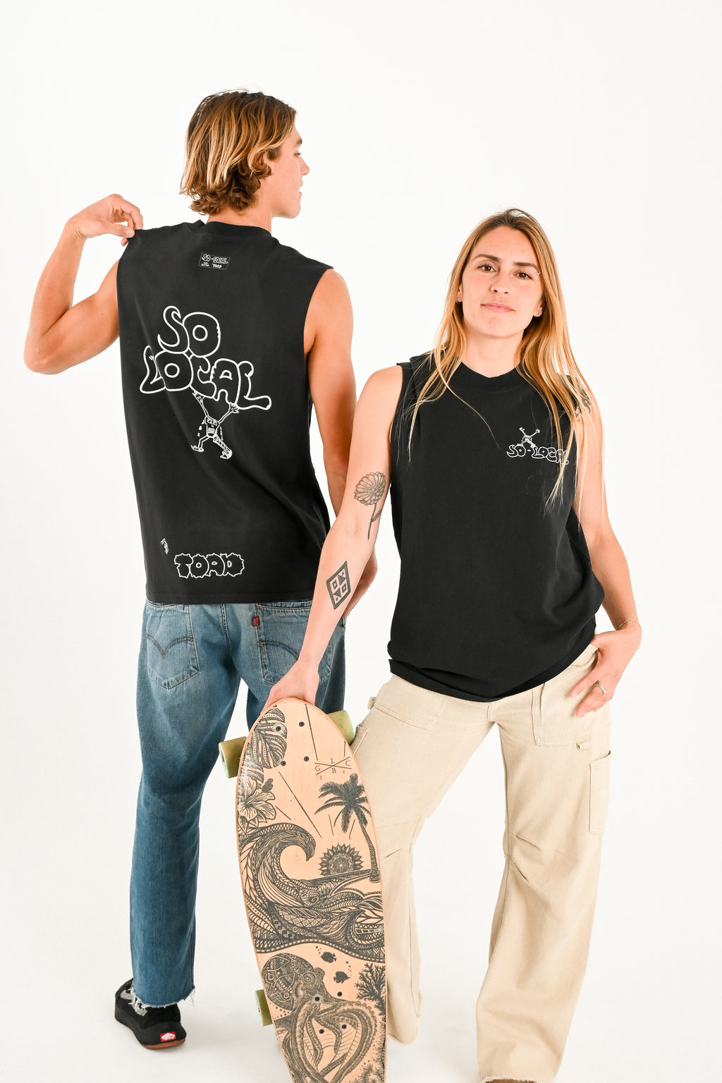 Male and female models wearing SO LOCAL / TANK TEE heavy faded t-shirt in black, surf and skate streetwear, studio shot, Gold Coast Australia 