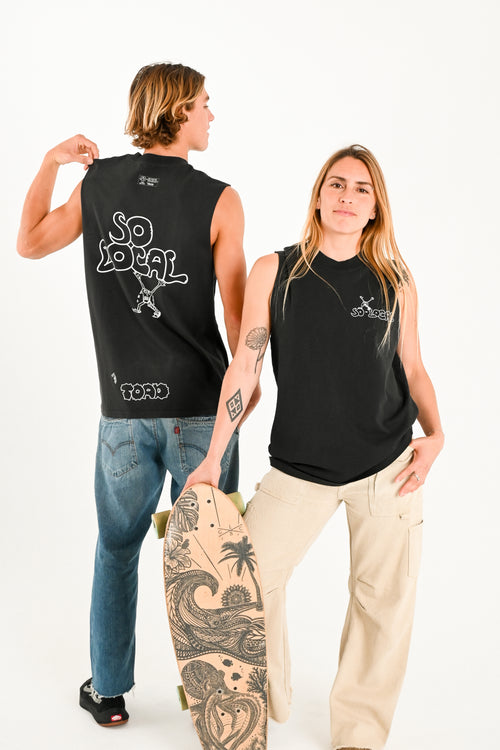 Male and female models wearing SO LOCAL / TANK TEE heavy faded t-shirt in black, surf and skate streetwear, studio shot, Gold Coast Australia 