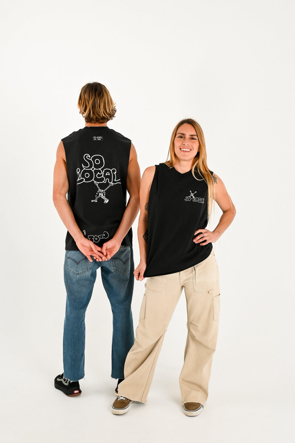 Male and female models wearing SO LOCAL / TANK TEE heavy faded t-shirt in black, surf and skate streetwear, studio shot, Gold Coast Australia 