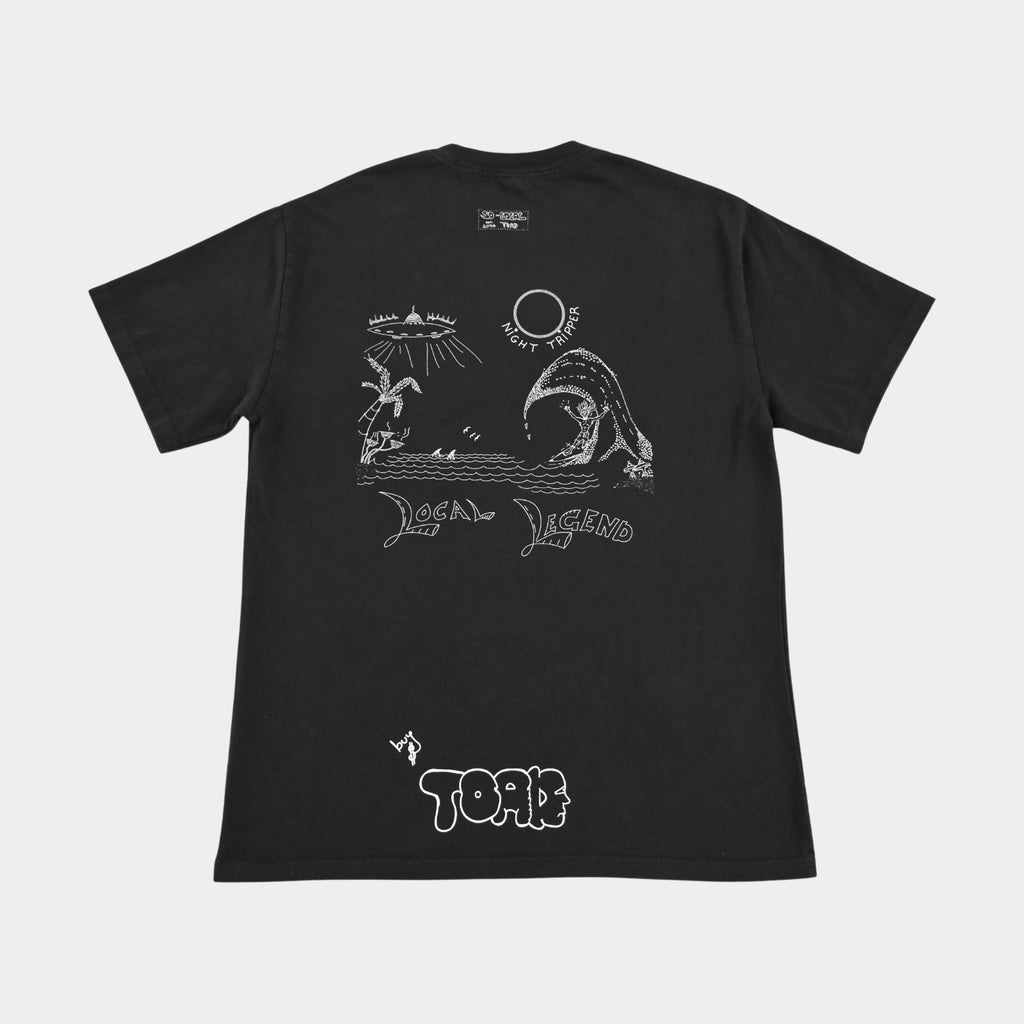Back flatlay of NIGHT TRIPPER "Local Legend" heavy faded t-shirt in black, surf and skate streetwear, Gold Coast Australia  