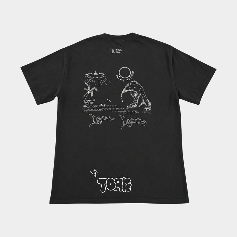 Back flatlay of NIGHT TRIPPER "Local Legend" heavy faded t-shirt in black, surf and skate streetwear, Gold Coast Australia  