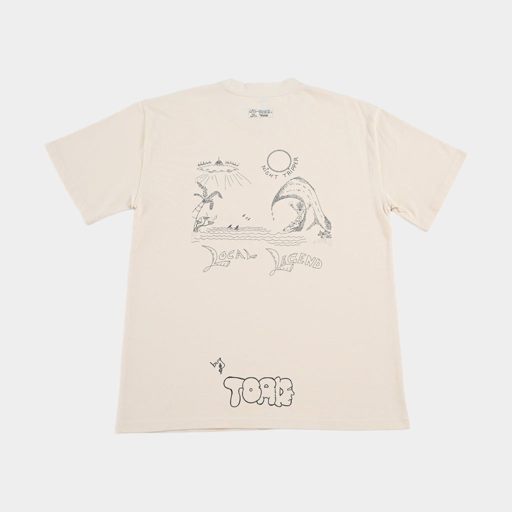 Back flatlay of NIGHT TRIPPER "Local Legend" heavy faded t-shirt in butter, surf and skate streetwear, Gold Coast Australia