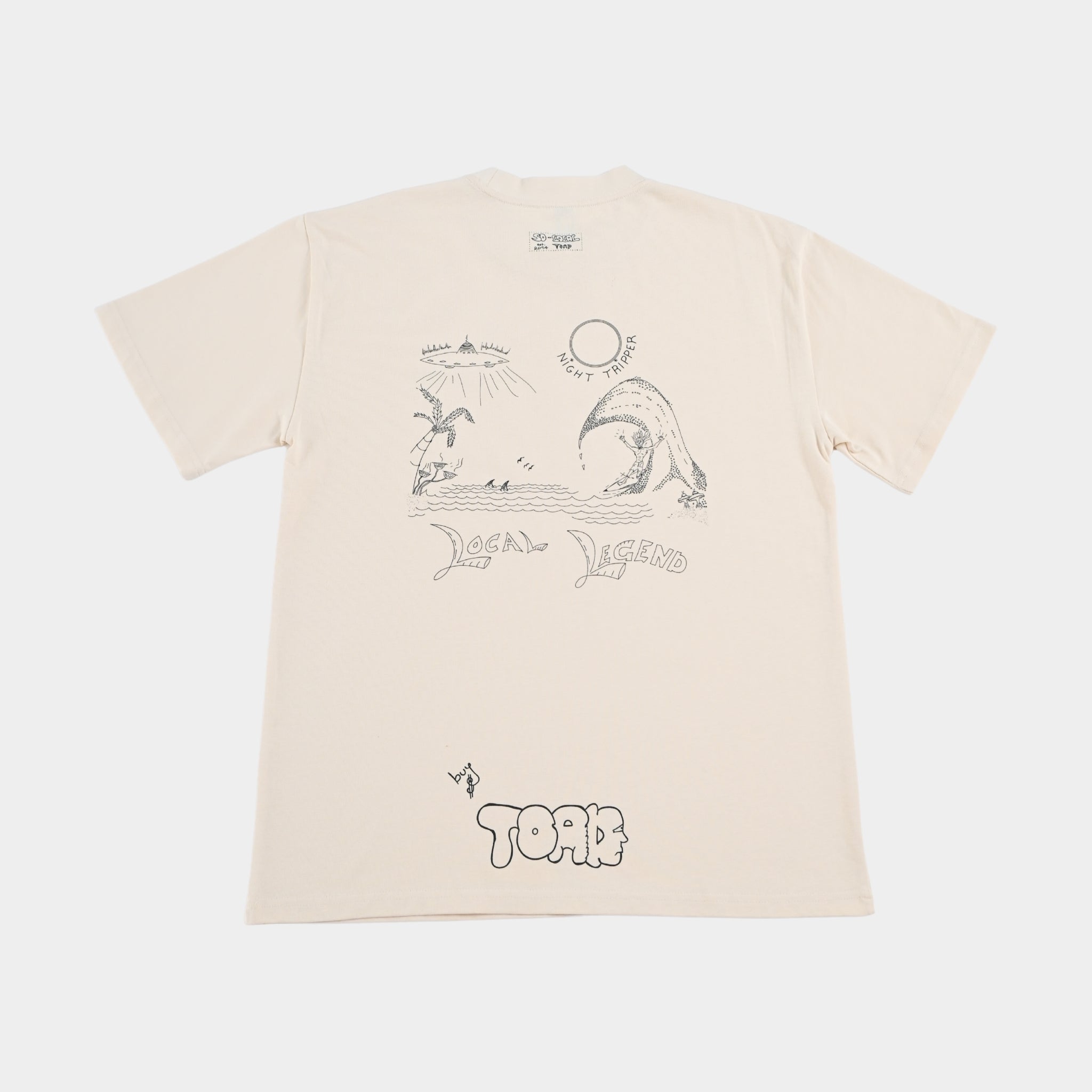 Back flatlay of NIGHT TRIPPER "Local Legend" heavy faded t-shirt in butter, surf and skate streetwear, Gold Coast Australia