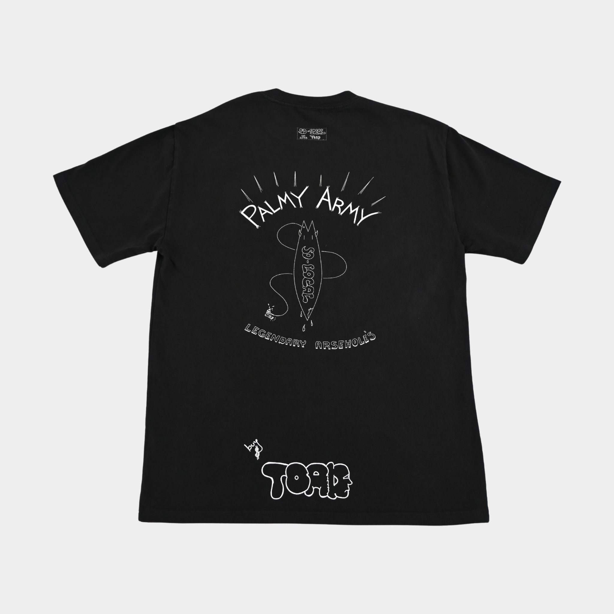 Back flatlay of PALMY ARMY heavy faded t-shirt in black, surf and skate streetwear, Gold Coast Australia  