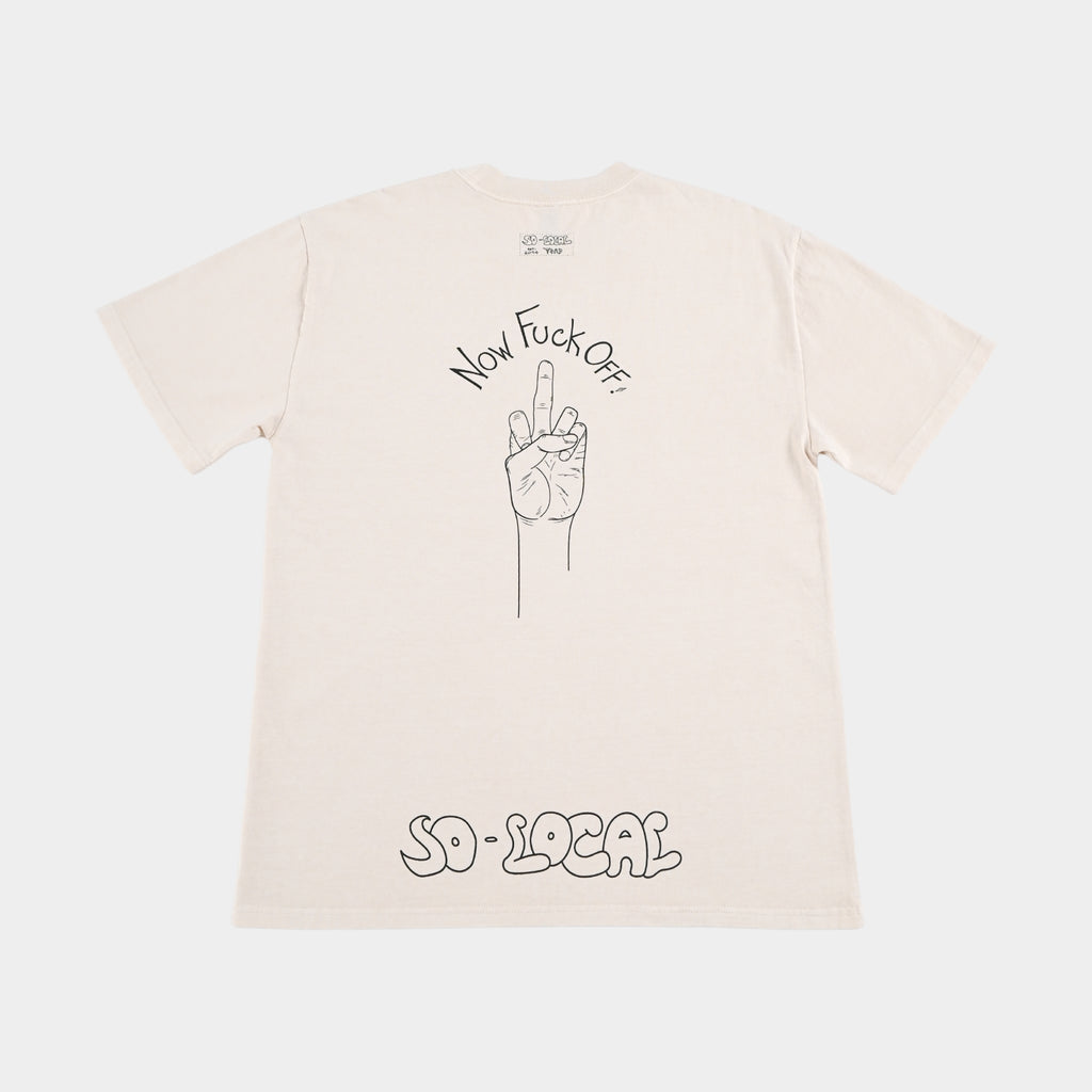 Back flatlay of PEACE BRO heavy faded t-shirt in butter, surf and skate streetwear, Gold Coast Australia