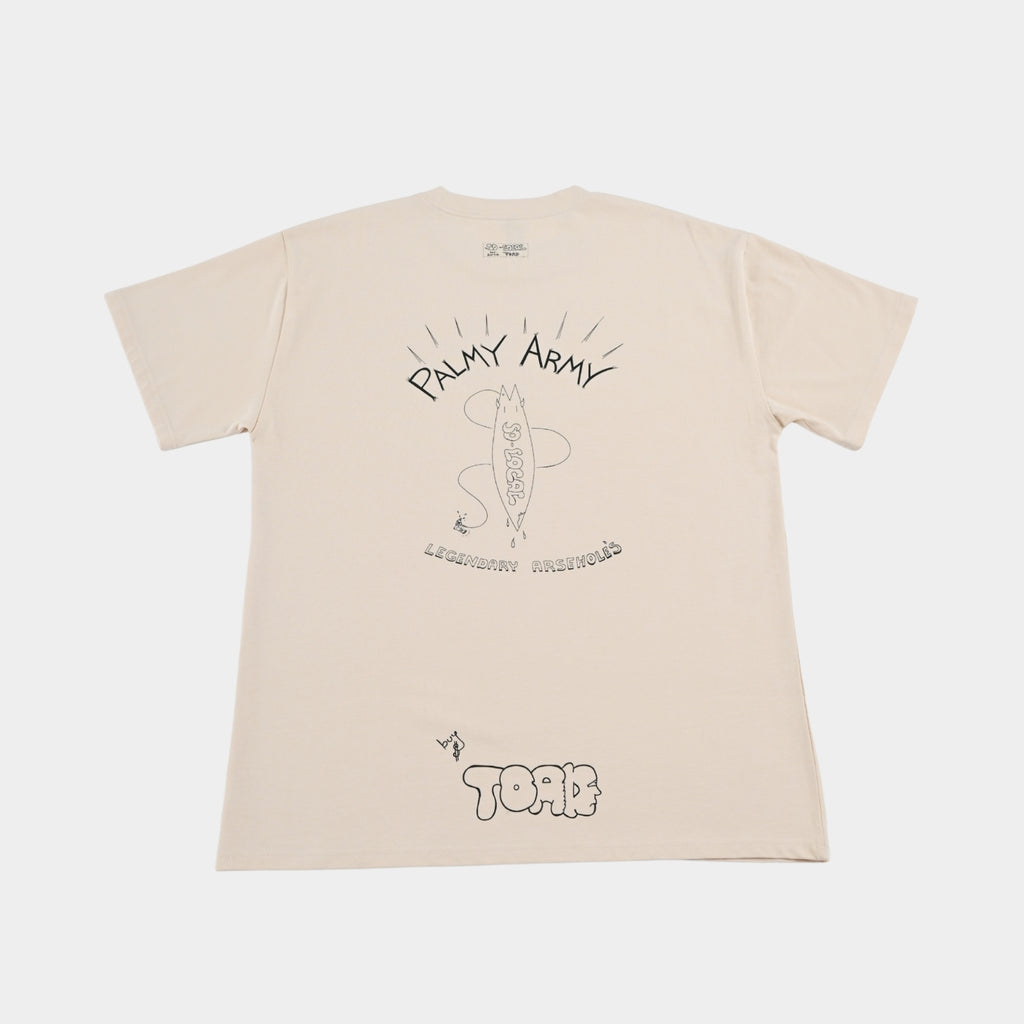 Back flatlay of PALMY ARMY heavy faded t-shirt in butter, surf and skate streetwear, Gold Coast Australia