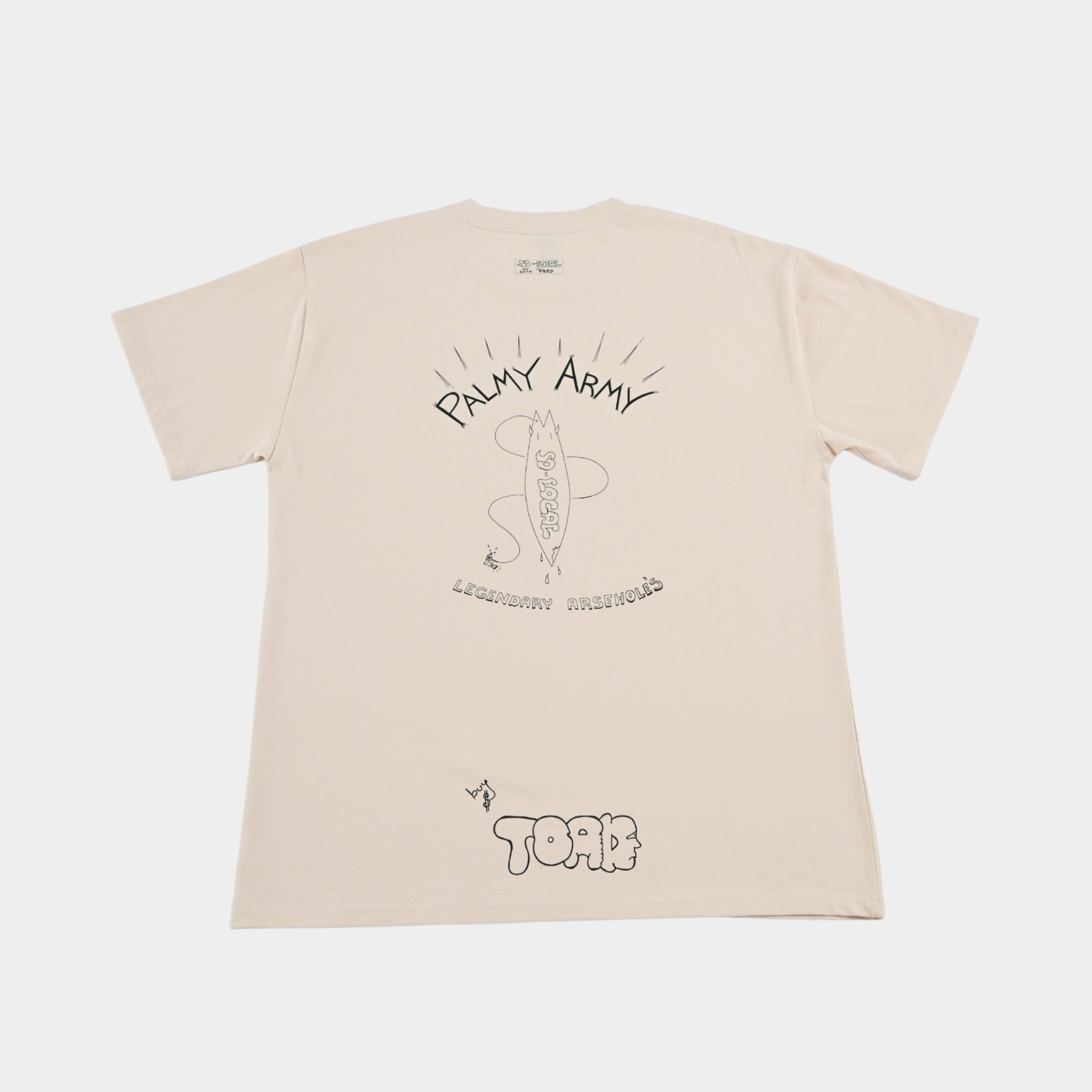 Back flatlay of PALMY ARMY heavy faded t-shirt in butter, surf and skate streetwear, Gold Coast Australia